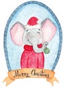 Cute watercolor illustration, elephant in a red sweater and santa hat with a green christmas ball in its trunk. Royalty Free Stock Photo