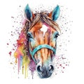 Cute Watercolor Illustration of Farm Animal. Funny adorable horse with colorful splashes. Beautiful kids print. Ai