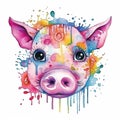 Cute Watercolor Illustration of Farm Animal. Funny adorable pig with colorful splashes. Beautiful kids print. Ai