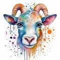 Cute Watercolor Illustration of Farm Animal. Funny adorable sheep with colorful splashes. Beautiful kids print. Ai