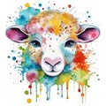 Cute Watercolor Illustration of Farm Animal. Funny adorable sheep with colorful splashes. Beautiful kids print. Ai