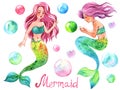 Cute watercolor illustration with mermaids and rainbow bubbles