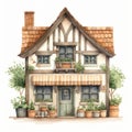 Cute Watercolor Illustration Of An Old House With Potted Plants