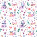 Cute watercolor illustration for Valentine\'s Day. Seamless handmade pattern in gentle colors