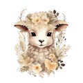 Cute watercolor lamb with flowers and boho plants illustration