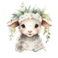 Cute watercolor lamb with flowers and boho plants illustration