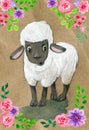Cute watercolor lamb on a white background in a flower frame. Royalty Free Stock Photo