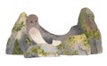 Cute watercolor lazy seal relaxing on sea rocks and cliffs. Kawaii illustration for children prints.