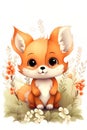 Cute watercolor little fox and flowers, butterflies on a white background. Postcard with animals and flowers.