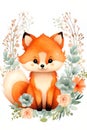 Cute watercolor little fox and flowers, butterflies on a white background. Postcard with animals and flowers.