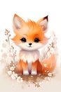 Cute watercolor little fox and flowers, butterflies on a white background. Postcard with animals and flowers.