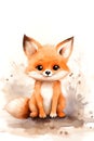 Cute watercolor little fox and flowers on a white background. Postcard with animals and flowers.