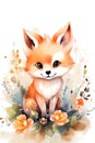 Cute watercolor little fox and flowers on a white background. Postcard with animals and flowers.