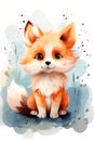 Cute watercolor little fox and flowers on a white background. Postcard with animals and flowers.