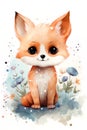 Cute watercolor little fox and flowers on a white background. Postcard with animals and flowers.