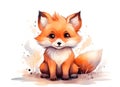 Cute watercolor little fox on a white background. Postcard.