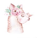 Cute watercolor llama, alpaca illustration isolated on white. Llama print ethnic blanket, flowers wreath, floral bouquet