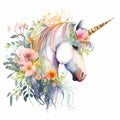 Cute Watercolor Magic Unicorn with Flowers Illustration. EPS10 Generative AI
