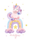 Cute watercolor magical purple Unicorn sitting on pastel colourful rainbow cartoon doodle vector illustration, nursery style