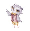 Cute watercolor male owl, childish style