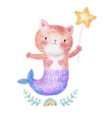 Cute Watercolor Meow-maid. Pink Purr-maid Cat Mermaid. Fish Tail