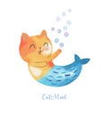 Cute Watercolor Meow-maid Purr-maid Cat Mermaid. Little Kitty Mermaid in a Kiddish Style Royalty Free Stock Photo