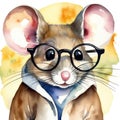 Watercolor Mouse Wearing Black Eyeglasses