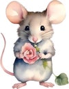 Cute watercolor mouse with flowers. Ai-Generated.