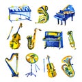 Cute watercolor musical instruments including piano, violin, saxophone, drum, and other, vintage style