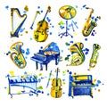 Cute watercolor musical instruments including piano, violin, saxophone, drum, and other, vintage style