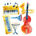 Cute watercolor musical jazz instruments set. All kinds of instruments like piano, cello, bass, drums, trumpet and others
