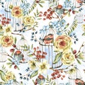 Cute watercolor natural floral seamless pattern with birds