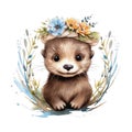 Cute watercolor otter with flowers and boho plants illustration