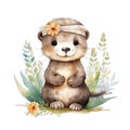 Cute watercolor otter with flowers and boho plants illustration