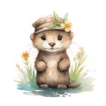 Cute watercolor otter with flowers and boho plants illustration