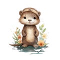 Cute watercolor otter with flowers and boho plants illustration