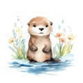 Cute watercolor otter with flowers illustration, woodland animals clipart