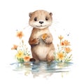 Cute watercolor otter with flowers illustration, woodland animals clipart