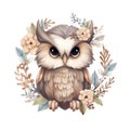 Cute watercolor owl with flowers and boho plants illustration