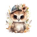 Cute watercolor owl with flowers and boho plants illustration