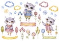 Cute watercolor owls collection, floral elements