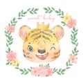 Cute watercolor painting happy adorable baby tiger girl face head in floral frame, nursery cartoon hand drawn animal illustration Royalty Free Stock Photo