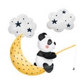 Cute watercolor panda fishing in the clouds isolated on white background clipart. Hand drawn Scandinavian style vector Royalty Free Stock Photo