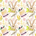 Cute watercolor pattern, delicate leaves, Easter bunny with green bow, eggs, willow, cake on a white background. Royalty Free Stock Photo