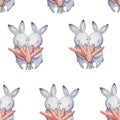 Cute watercolor pattern funny cartoon little bunny with orange carrot isolated on white. Easter repeating background with bunnies.