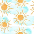 Cute watercolor pattern with suns and clouds