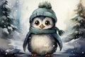 Cute watercolor penguin in a winter cap in a snowy forest. Christmas card