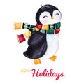 Cute watercolor penguin in winter knitted clothes.