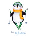 Cute watercolor penguin with yellow scarf on skis. Royalty Free Stock Photo