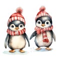 Cute watercolor penguins wearing christmas clothes and hat illustration for christmas